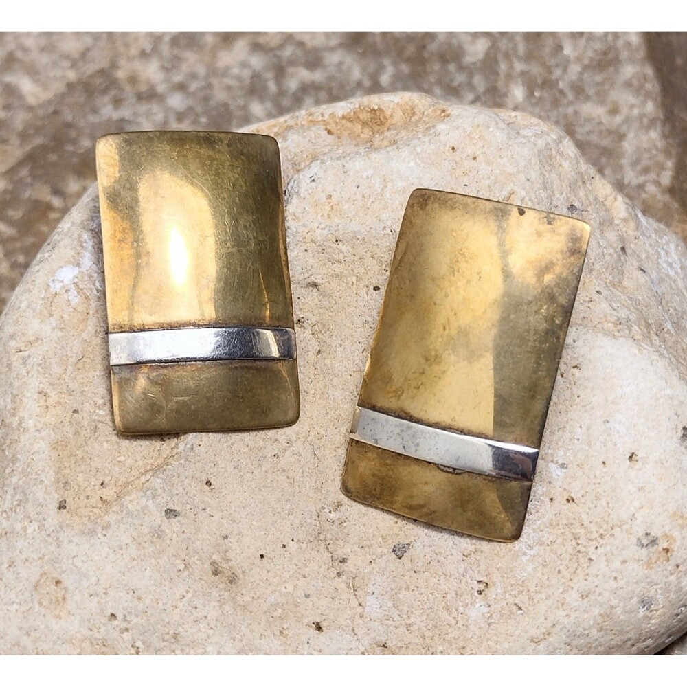 Vintage Modernist Geometric Earrings Sterling Silver Brass